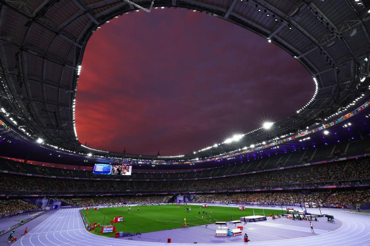 A wide shot of the Stade de France, the venue of the Paris 2024 Paralympics athletics events
